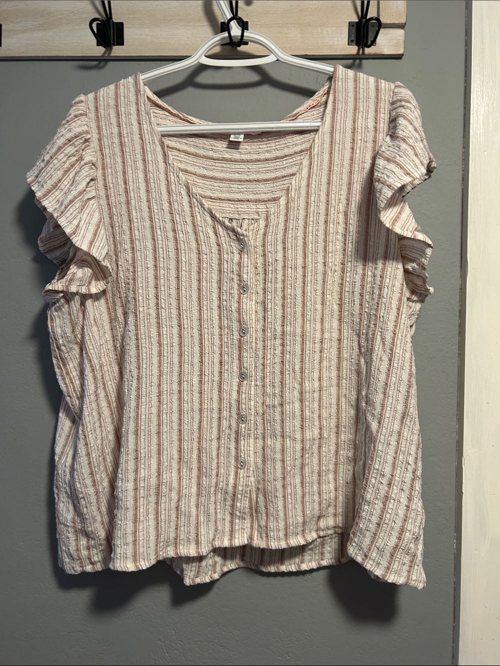 Jane and Delancey Cream Top with Mauve Stripes and Ruffle Sleeves